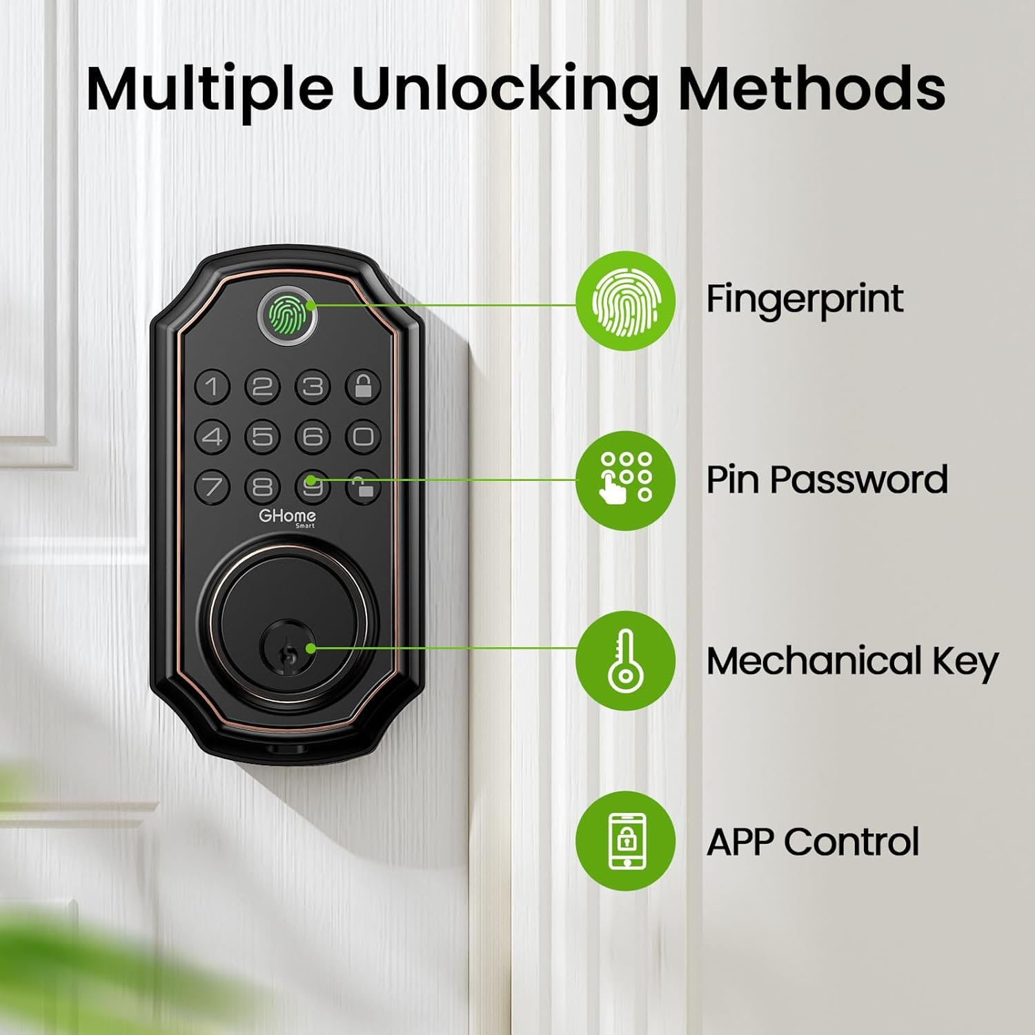 GHome Smart Fingerprint Door Locks for Front Door Keyless Entry Door Lock Deadbolt Lock 4 in 1 Smart Locks Keypad Deadbolt Smart Lock App Control, Auto Lock, Easy Install, Works with Alexa, Black - Image 3