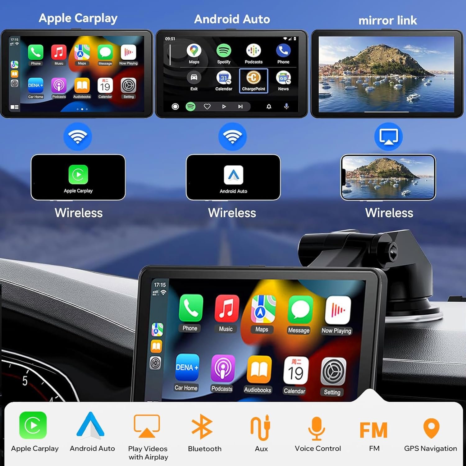 Wireless Carplay Screen for Car - 7" HD Portable Touch Screen Car Stereo Compatable with Apple Carplay & Android Auto, GPS Navigation/Voice Control/Bluetooth/AUX/FM for All Vehicles - Image 7