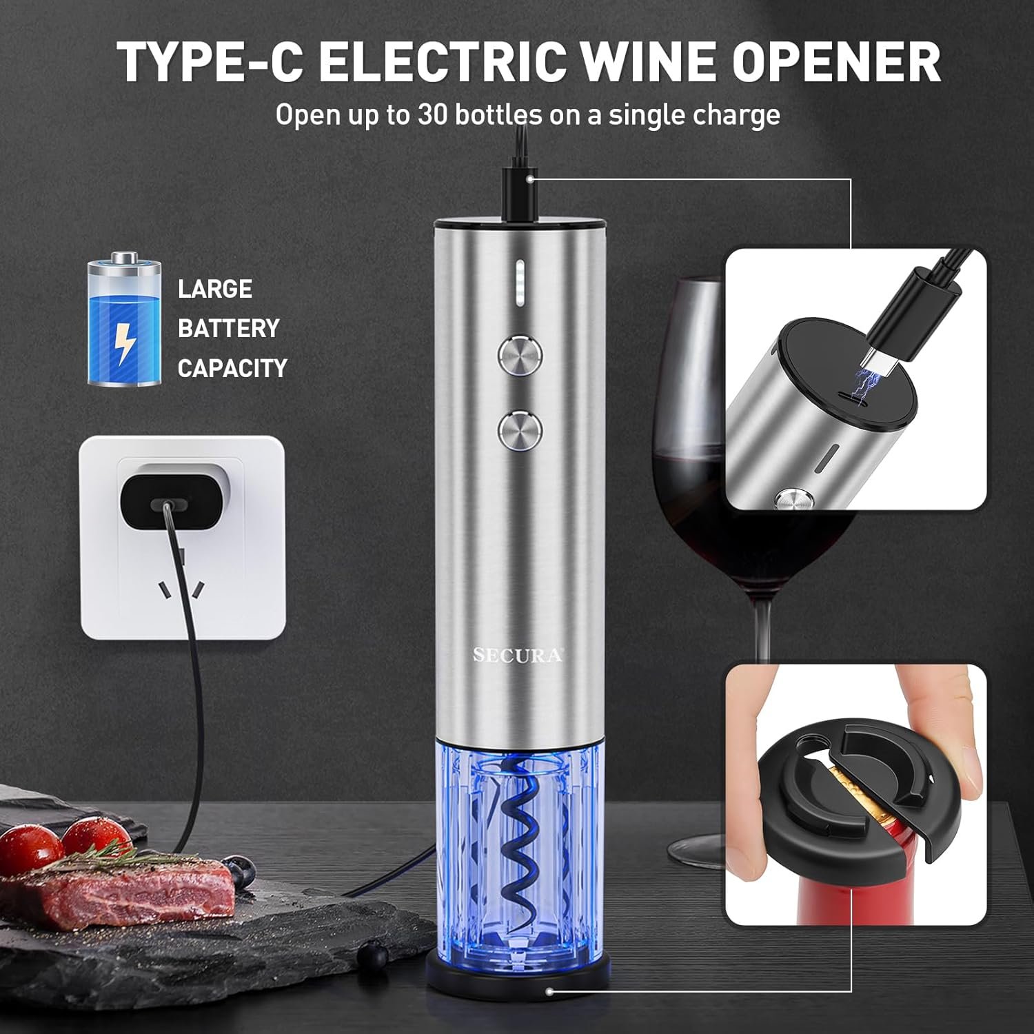 Secura Stainless Steel Electric Wine Opener, Rechargeable Automatic Home Wine Bottle Opener with Foil Cutter & Charging Cable, Reusable Corkscrew Wine Opener Electric for Wine Lovers, Silver - Image 3