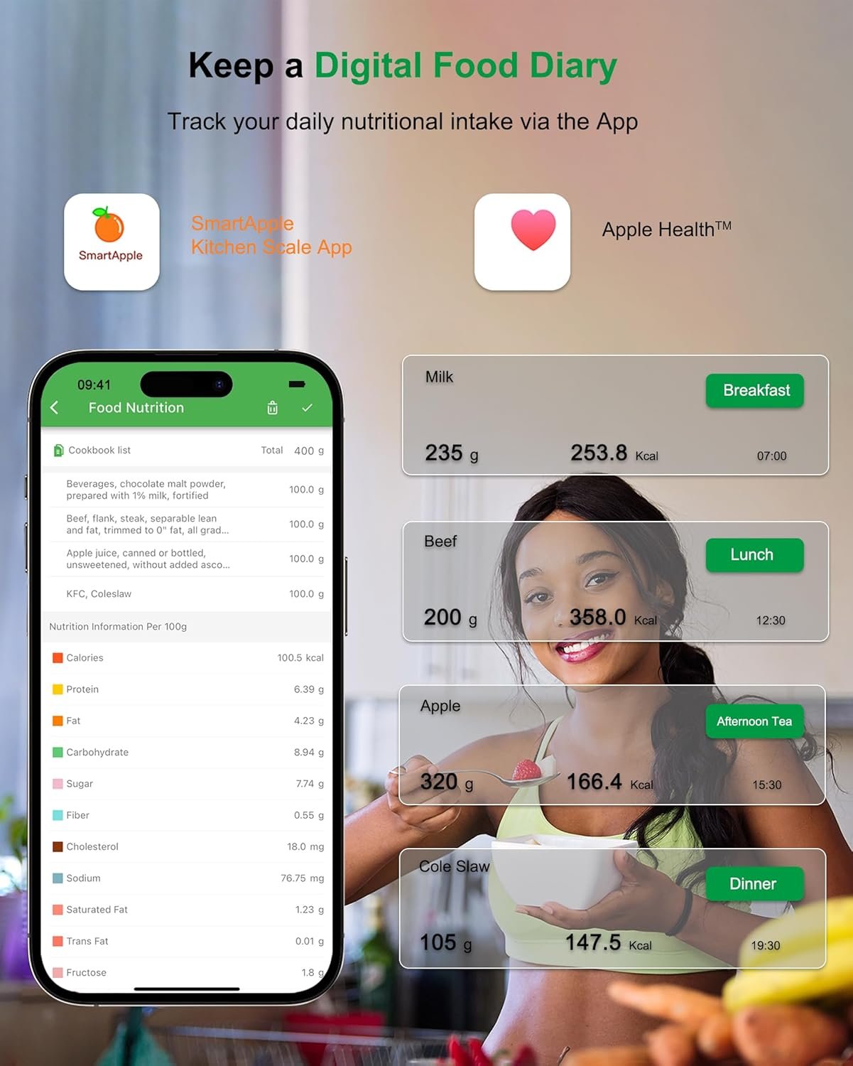 Ataller Smart Food Nutrition Scale, Digital Kitchen Scales with Smartphone App for Meal Planning, Tracking Calorie Value and Food Nutritional Counting, Resolution 1g, Max 5kg 11Ib, 304 Stainless Steel - Image 6