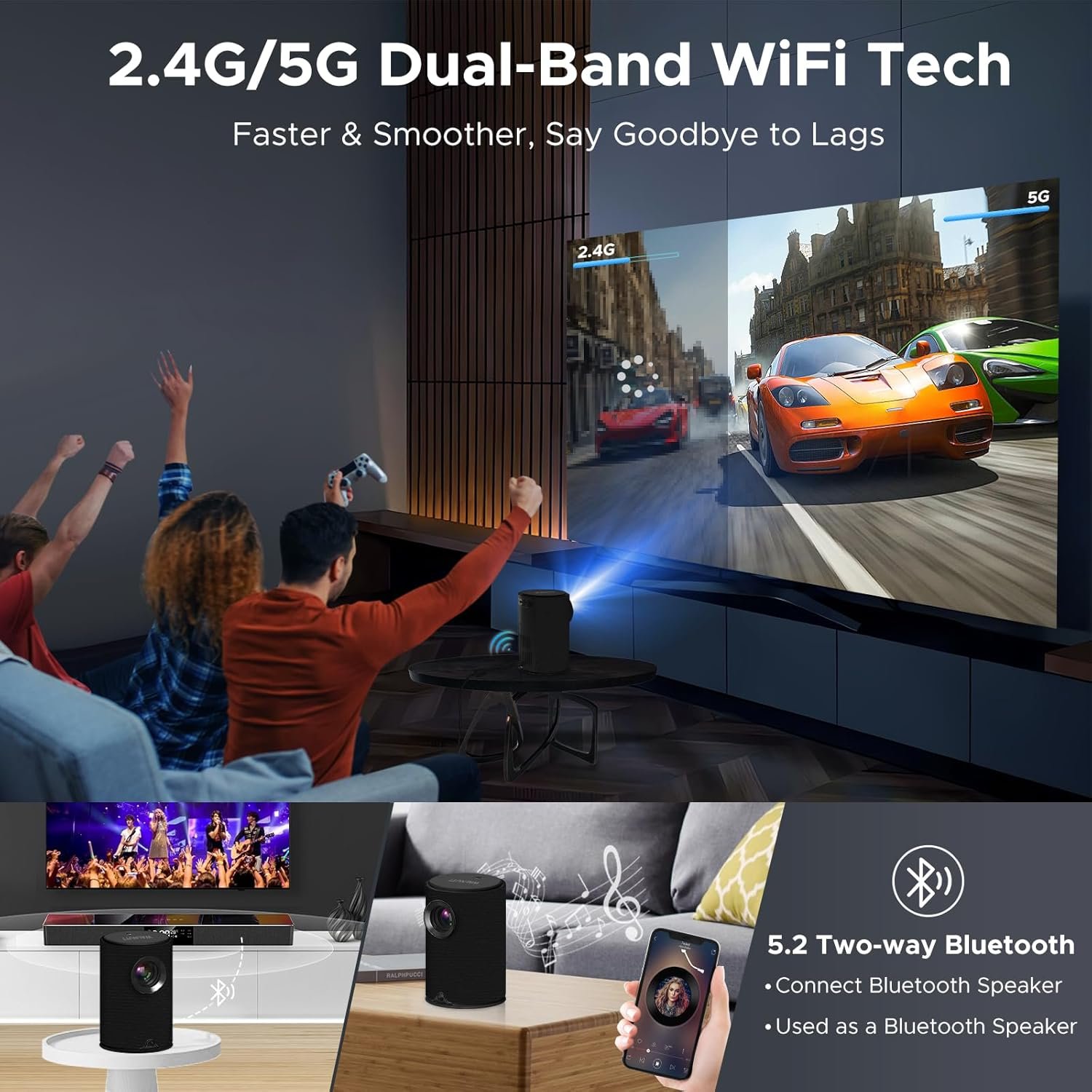 Walnutt Projector with Wifi and Bluetooth, Portable Mini Movie Projector with Electric Focus Auto Keystone, Outdoor Smart Projector Support HD 1080P Compatible with Phone TV Stick HDMI, Cool Gifts. - Image 5