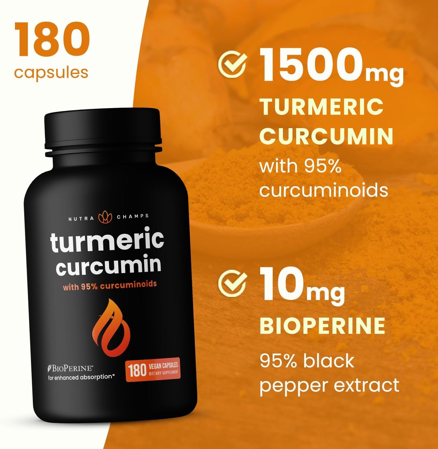 Turmeric Curcumin with Black Pepper Extract 1500mg | 95% Curcuminoids Extra Strength Turmeric Supplement for Joint Health, Brain, Heart & Immune Support | Vegan & Non-GMO | 180 Turmeric Capsules - Image 5