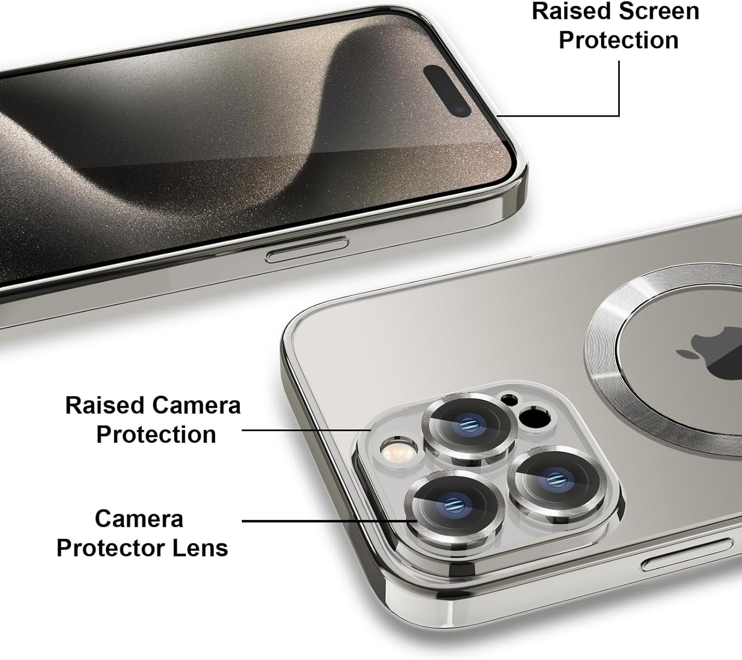 for iPhone 15 Pro Max Case Magsafe, Magnetic Clear Phone Case with Screen Protector and Camera Cover, Transparent Electroplated Case for Women/Girl/Men (Natural Titanium) - Image 5