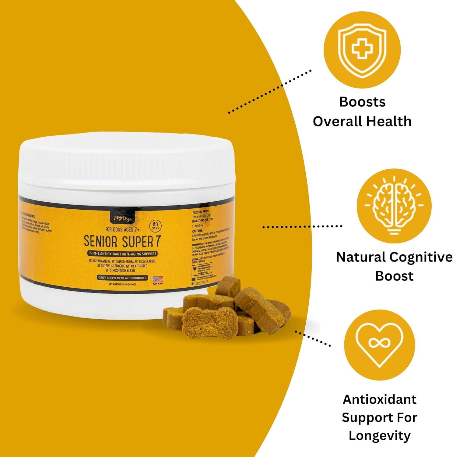 iHeartDogs Senior Super 7 Daily Dog Multivitamin - 7-in-1 Vitamin for Dogs Supports Anti-Aging with Antioxidants, Probiotics, Lion's Mane, Turkey Tail, & Ashwagandha for Longevity & Cognitive Boost - Image 4