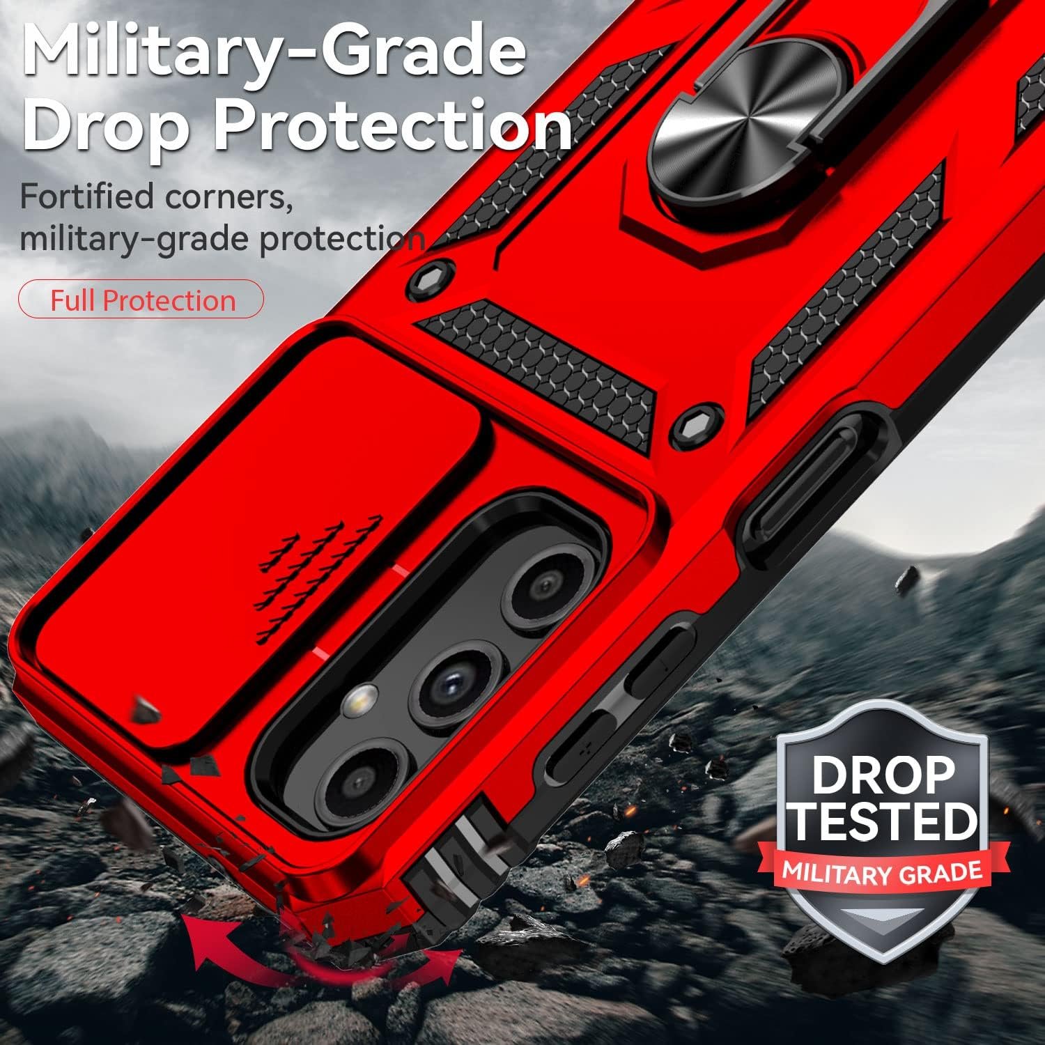 for Galaxy A14 5G Phone Case with Camera Lens Cover HD Screen Protector, Dual Layer Military-Grade Drop Tested Magnetic Ring Holder Kickstand Protective Phone Case for Samsung A14 (Red) - Image 7
