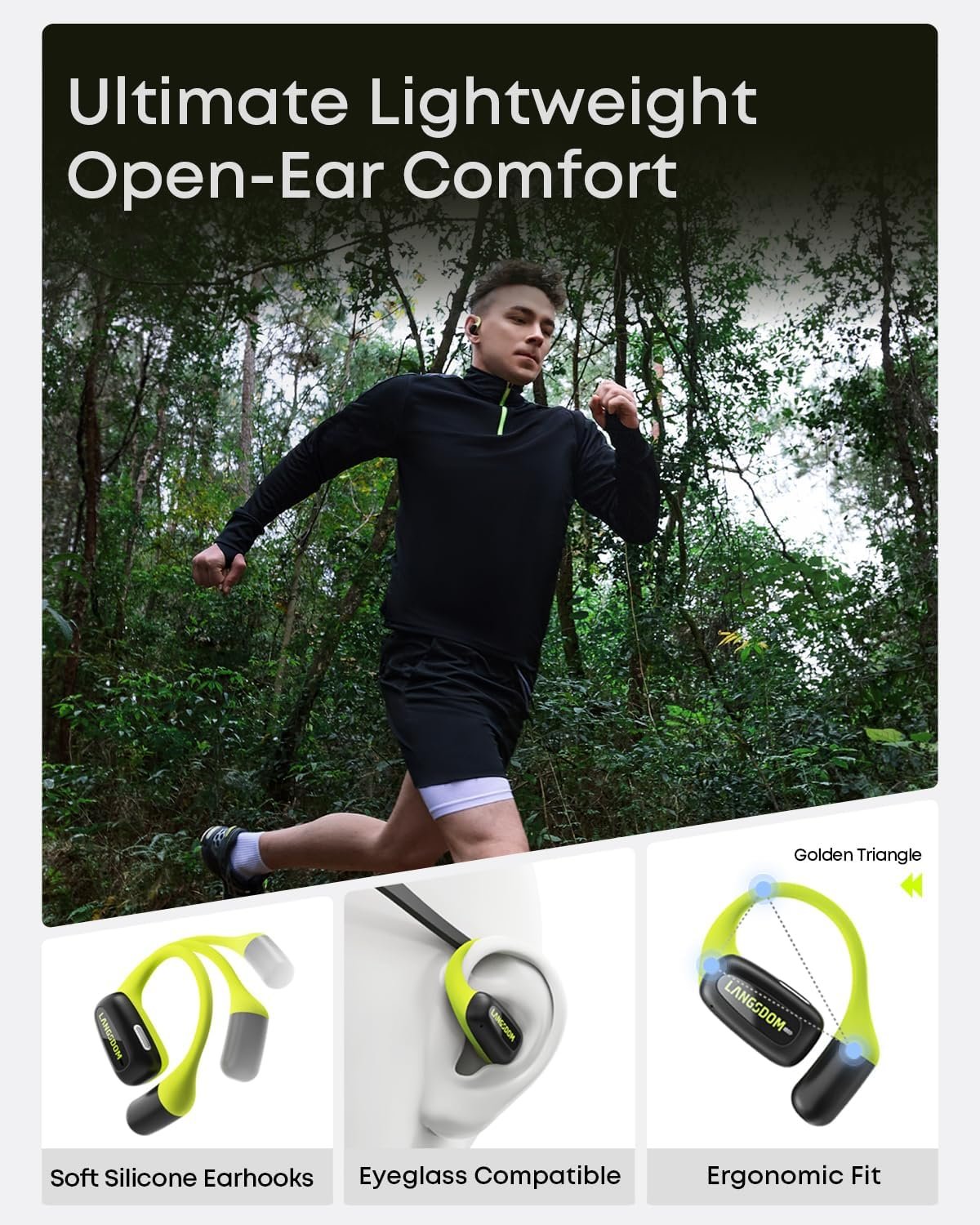 Langsdom Airfit Open Ear True Wireless Earbuds Bluetooth Headphones, Water Resistants, Ultra-Light, Premium Deep Bass with 24Hrs Play time, Ergonomic Design Secure fit for Worksout & Running, Green - Image 4
