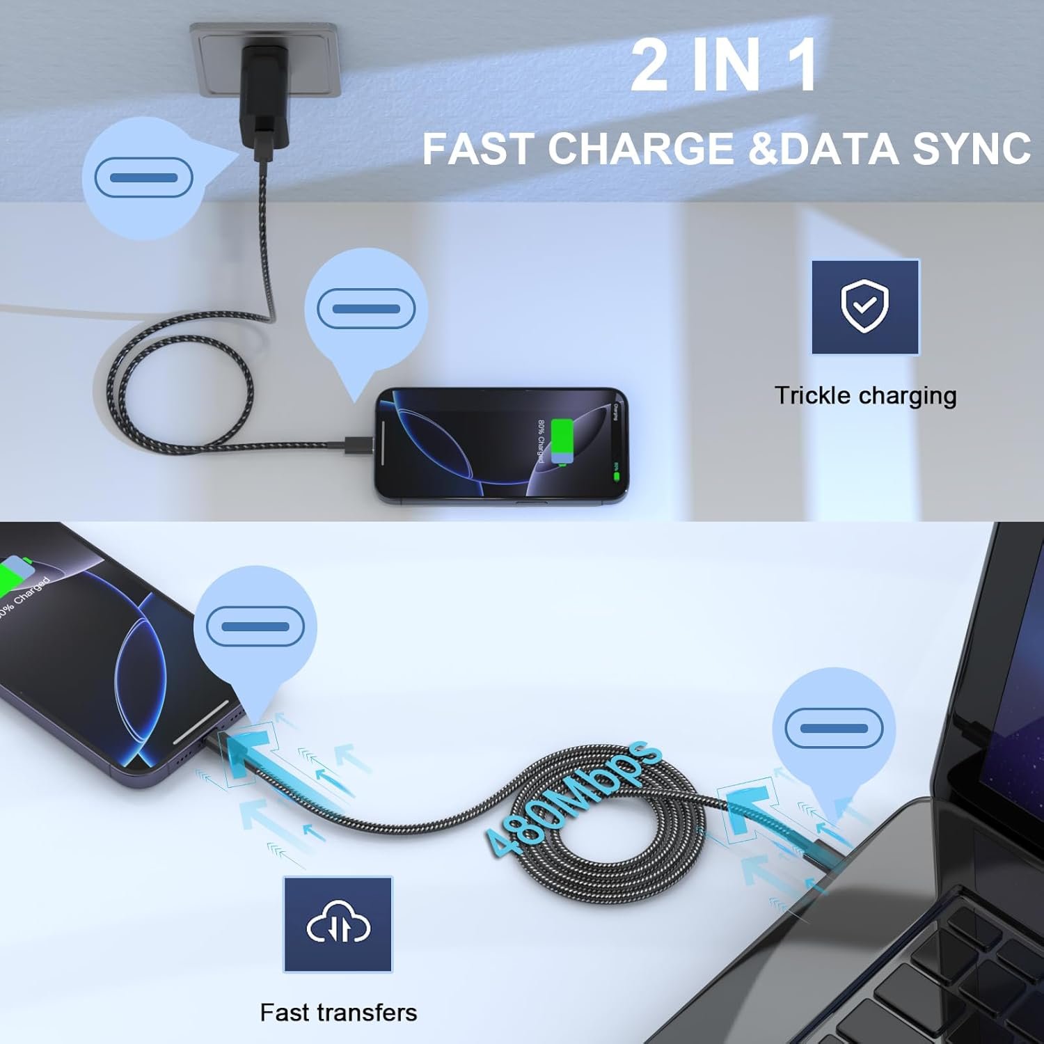 USB C Cable, 5Pack 6FT USB C to USB C Cable 60W(3A) Nylon Braided Type C Fast Charging Cord for iPhone 16/16 Plus/16 Pro Max/15/15 Plus/15 Pro Max,MacBook Pro, iPad Pro Air, Samsung S24/S24 Ultra/S23 - Image 8