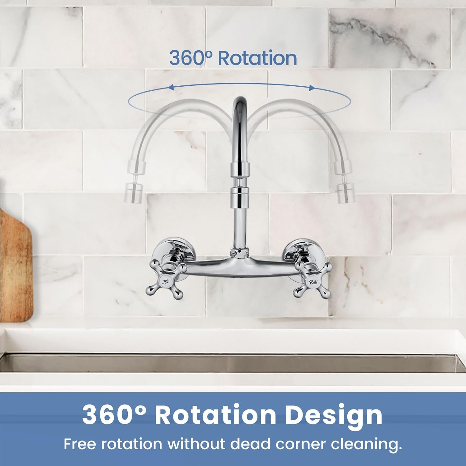 Airuida Wall Mount Kitchen Faucet with Sprayer Wall Mounted Kitchen Sink Faucet Double Cross Handles 360 Degree Swivel Spout Restaurant Mixer Tap Commercial 8 Inch Center Chrome Polish - Image 8