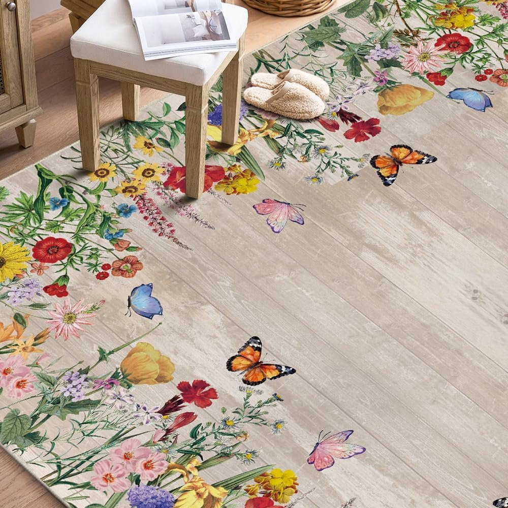 Artoid Mode Wood Flowers Butterfly Spring Area Rug, Summer Home Decor Low-Profile Washable Area Rugs for Entryway Bedroom Living Room Laundry Room Indoor 5x7 Feet - Image 5