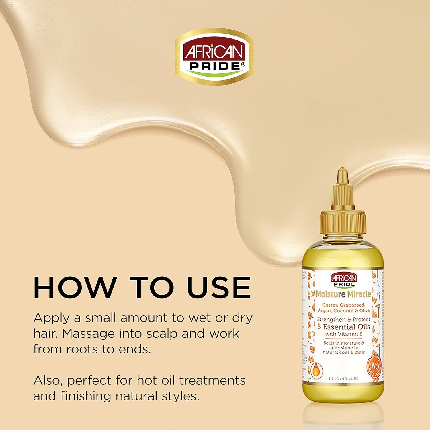 African Pride Moisture Miracle 5 Essential Oils - Contains Castor, Grapeseed, Argan, Coconut & Olive Oil, Seals in Moisture & Adds Shine to Hair, Vitamin E, 4 oz - Image 3