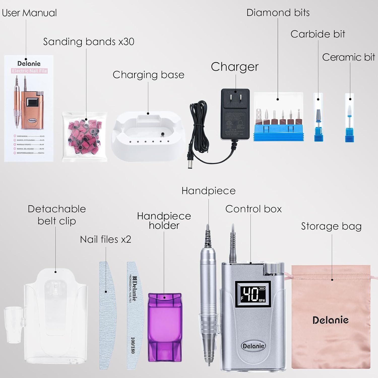 Delanie Professional Electric Nail Drill Machine 40000 RPM Rechargeable Electric Nail File E File Filer, Silver - Image 3