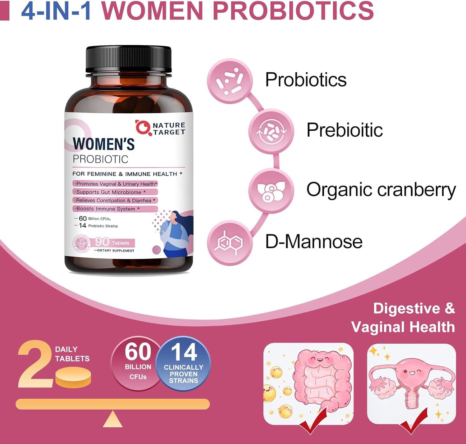 NATURE TARGET Probiotics-for-Women, Probiotics and Prebiotics, Cranberry and D-Mannose, 60-Billion-CFUs, Organic Probiotics for Digestive Health/Gut Health/Immune Booster, Women's Probiotics - Image 4