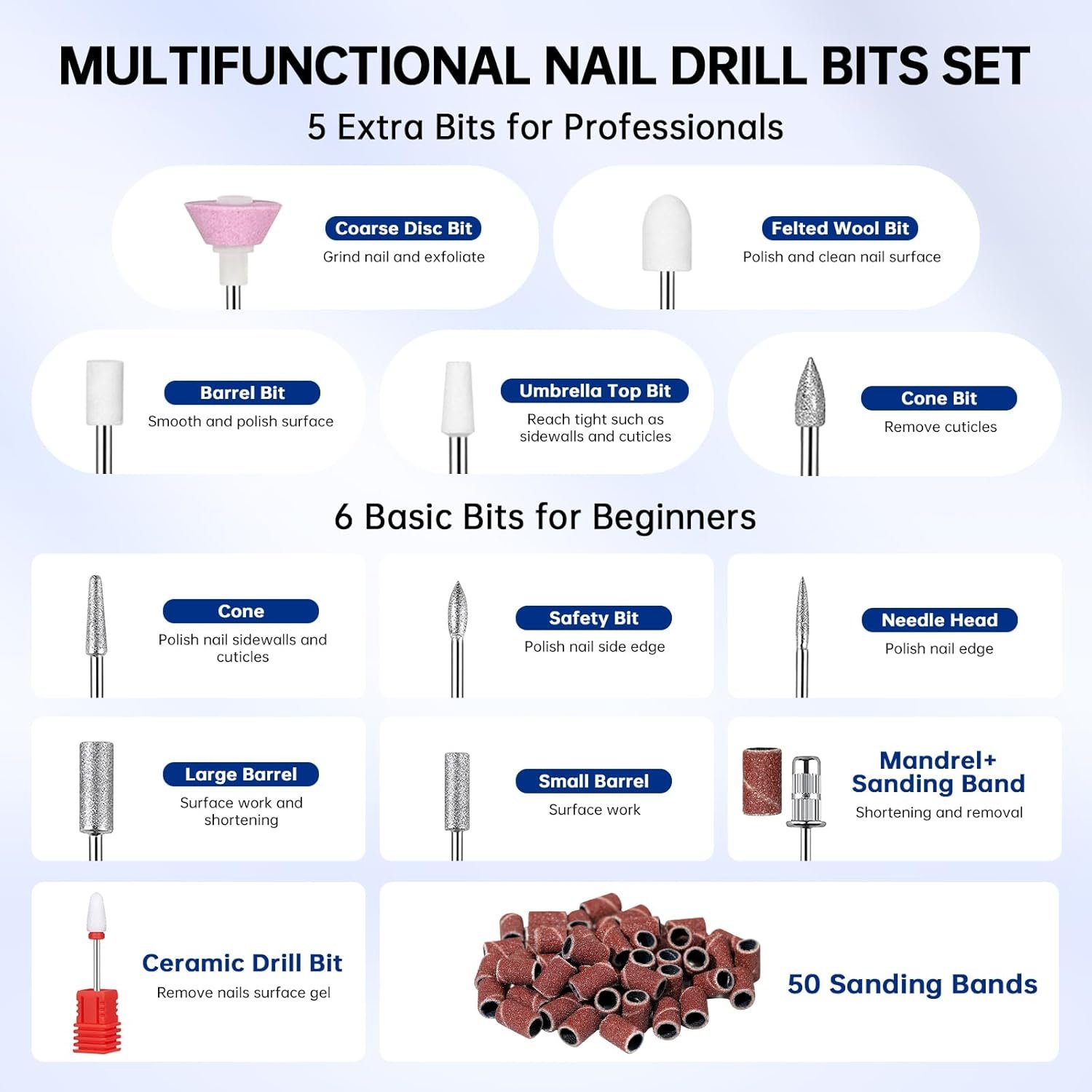 Professional Electric Nail Drill, Rechargeable Sparkly Nail Drill for Acrylic Nails, Cordless Portable Nail Drill Kit with Drill Bits and Sanding Bands for Manicure Pedicure, Diamond - Image 8