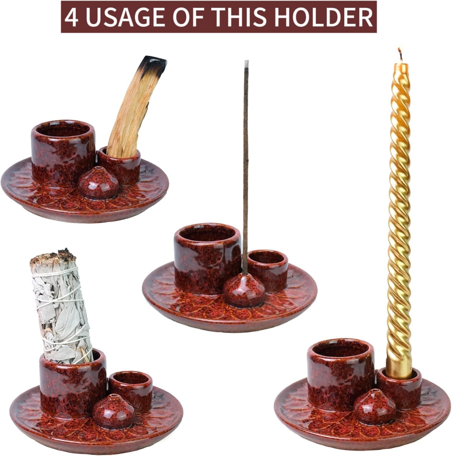 4 in 1 Incense Holder, Icense Burner for Burning Sage Smudge, palo Santo Sticks, Candle Incense Bowl, 5.12"" Ceramic Ash Catcher Tray for Meditation Zen Décor, Red - Image 4