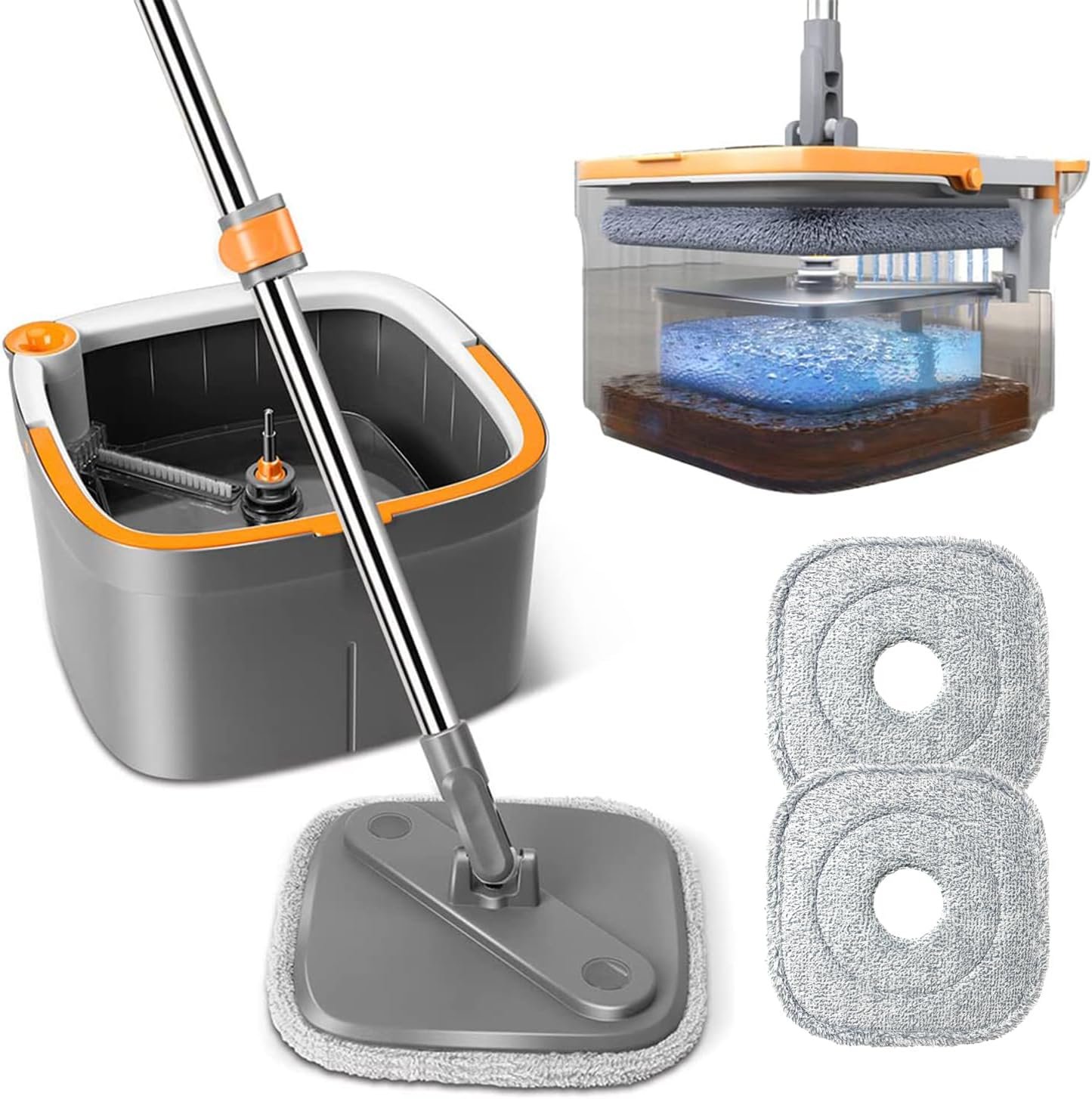 Spin Mop and Bucket Set with Self Separation Dirty and Clean Water System, Square Mop Bucket Self Wringing 360° Rotating Clean Floor Mop-Head for Hardwood Tile Marble Floors - Image 2
