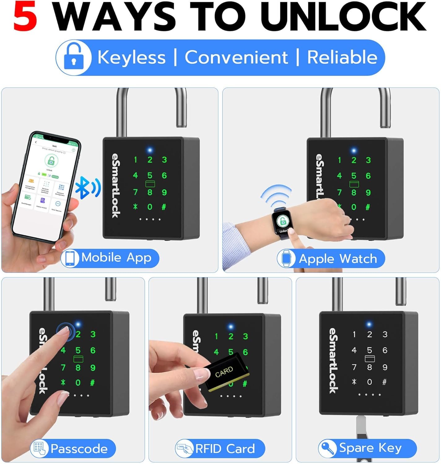 eLinkSmart Heavy Duty Smart Padlock with Key, Pad Locks with Code Keypad, Weatherproof Bluetooth RFID Keyless Electronic Digital Combination Lock for Outdoor Fence Gate Pool Shed Gym Locker Storage - Image 3