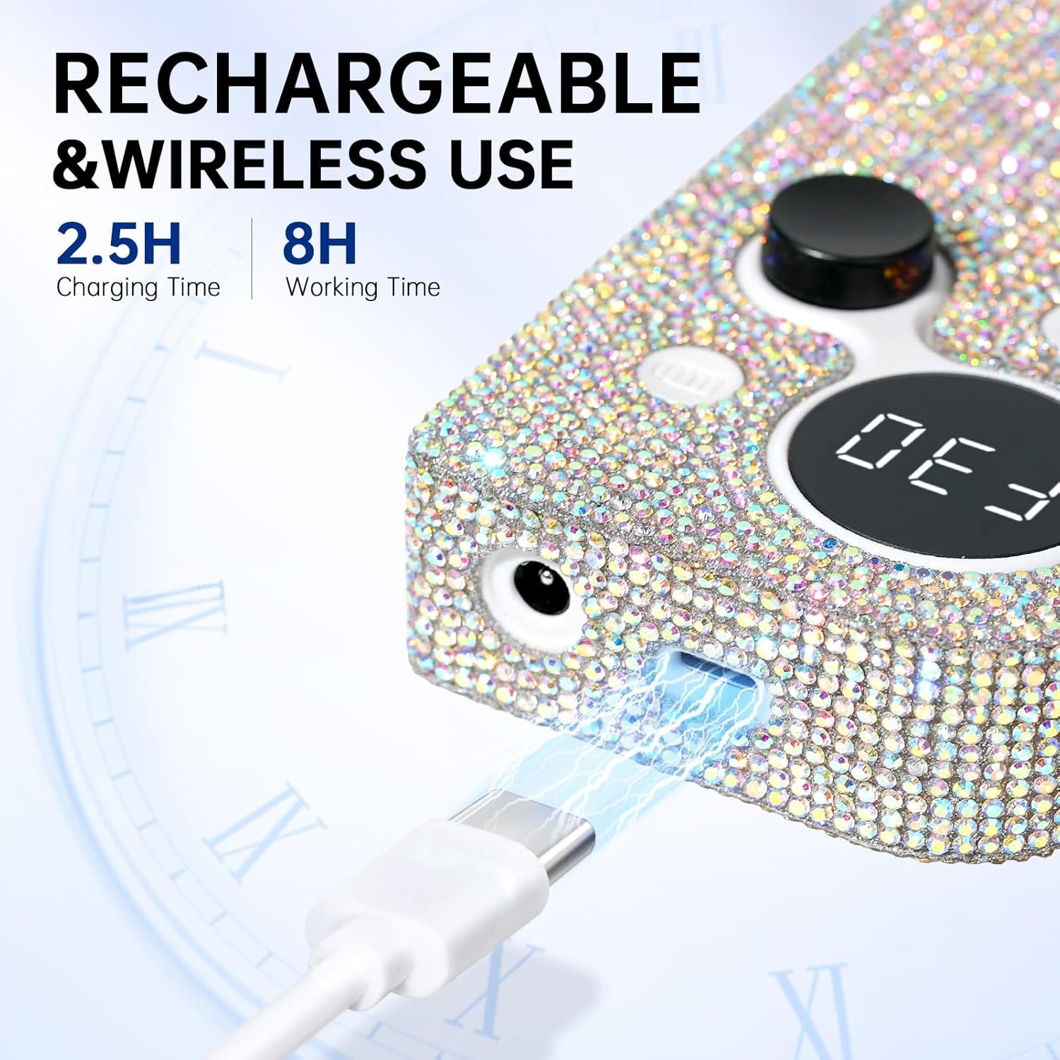 Professional Electric Nail Drill, Rechargeable Sparkly Nail Drill for Acrylic Nails, Cordless Portable Nail Drill Kit with Drill Bits and Sanding Bands for Manicure Pedicure, Diamond - Image 5