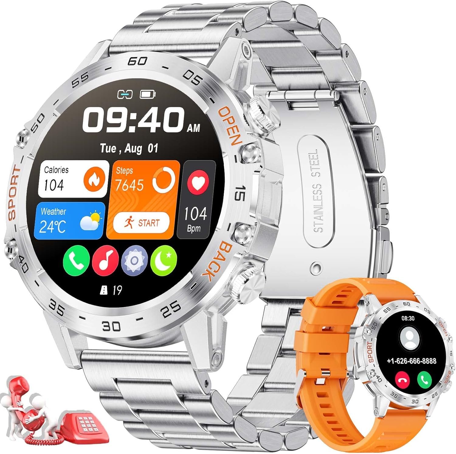 Military Smart Watch for Men(Answer/Dial Calls),1.39''HD Touchscreen,5ATM Waterproof Fitness Watch,100 Sports Modes, with Blood Pressure/Heart Rate/SpO2 for Android/iOS Smart Watch Silver - Image 2
