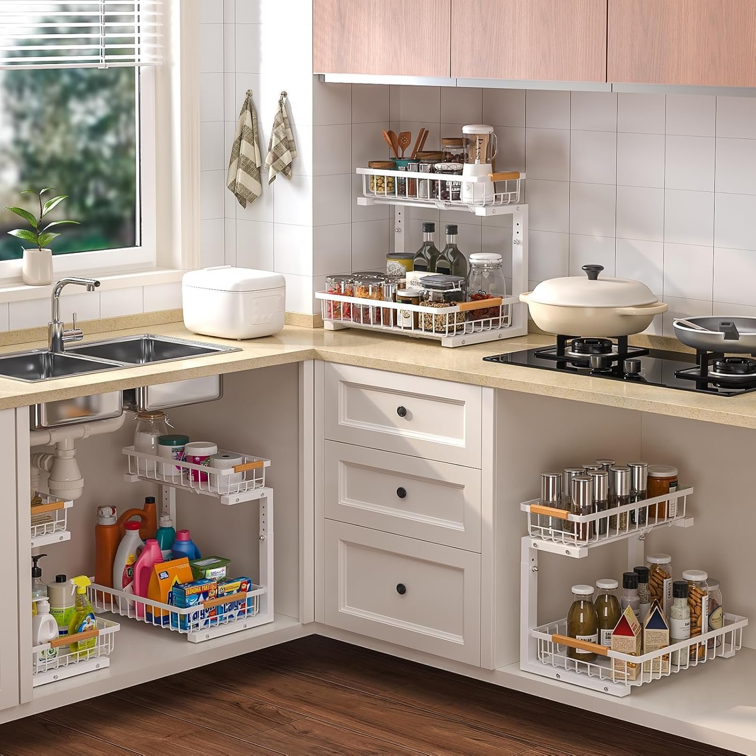 Under Sink Organizer 2 pack, 2 Tier Slide Out Under Sink Organizers And Storage, Height Adjustable Pull Out Cabinet Organizer Drawers, Kitchen Bathroom Metal Sink Storage Shelves, White - Image 7
