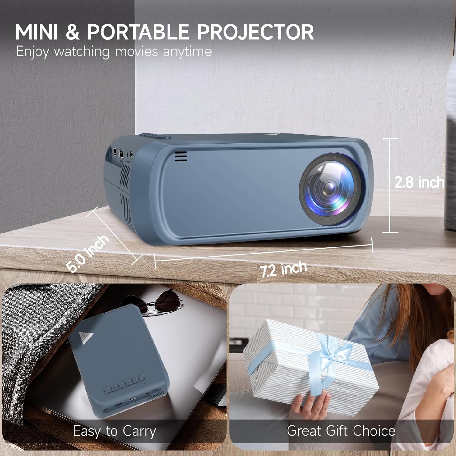 Mini Projector with Wifi Portable Projector Support 1080P 170" Mini HD Movie Projector, Outdoor Projector Compatible with Phone/ Tablet/ Laptop/ TV Stick/ PS4/ HDMI/USB - Wifi Blue - Image 5