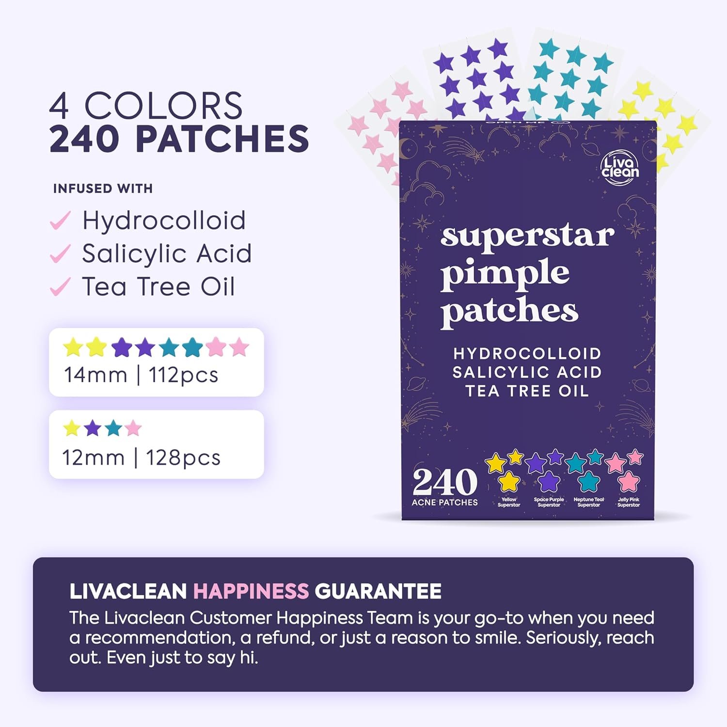 LivaClean Star Pimple Patches for Face w/Hydrocolloid, Salicylic Acid & Tea Tree, 240 Patches, Hydrocolloid Acne Patch, Cute Star Pimple Patch for Healing Stickers Zit Superstar - Image 3