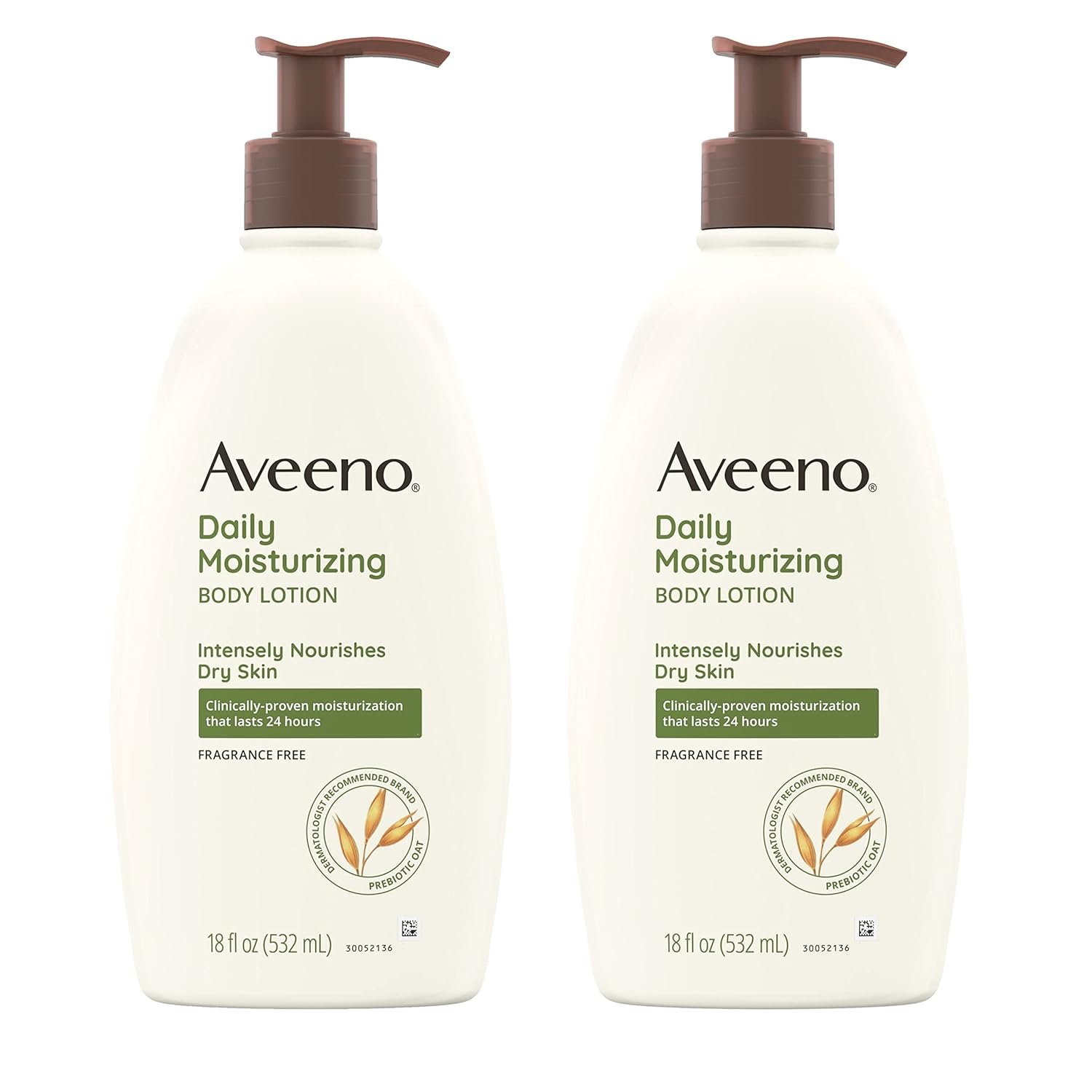 Aveeno Daily Moisturizing Body Lotion with Soothing Prebiotic Oat, Gentle Lotion Nourishes Dry Skin With Moisture, Paraben-, Dye- & Fragrance-Free, Non-Greasy & Non-Comedogenic, 2 x 18 oz - Image 2