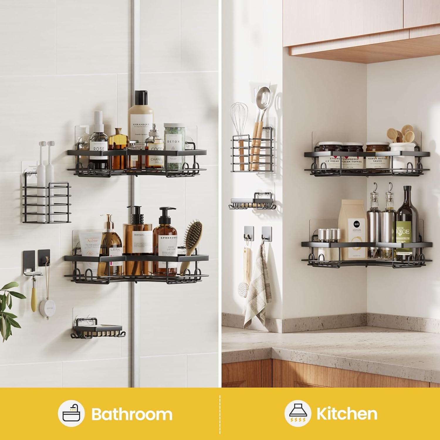 Corner Shower Caddy,8 Pack Adhesive Bathroom Accessories with Soap Holder, Storage Stainless Shower Organizer Shelf with 8 Hooks for Bathroom - Image 3