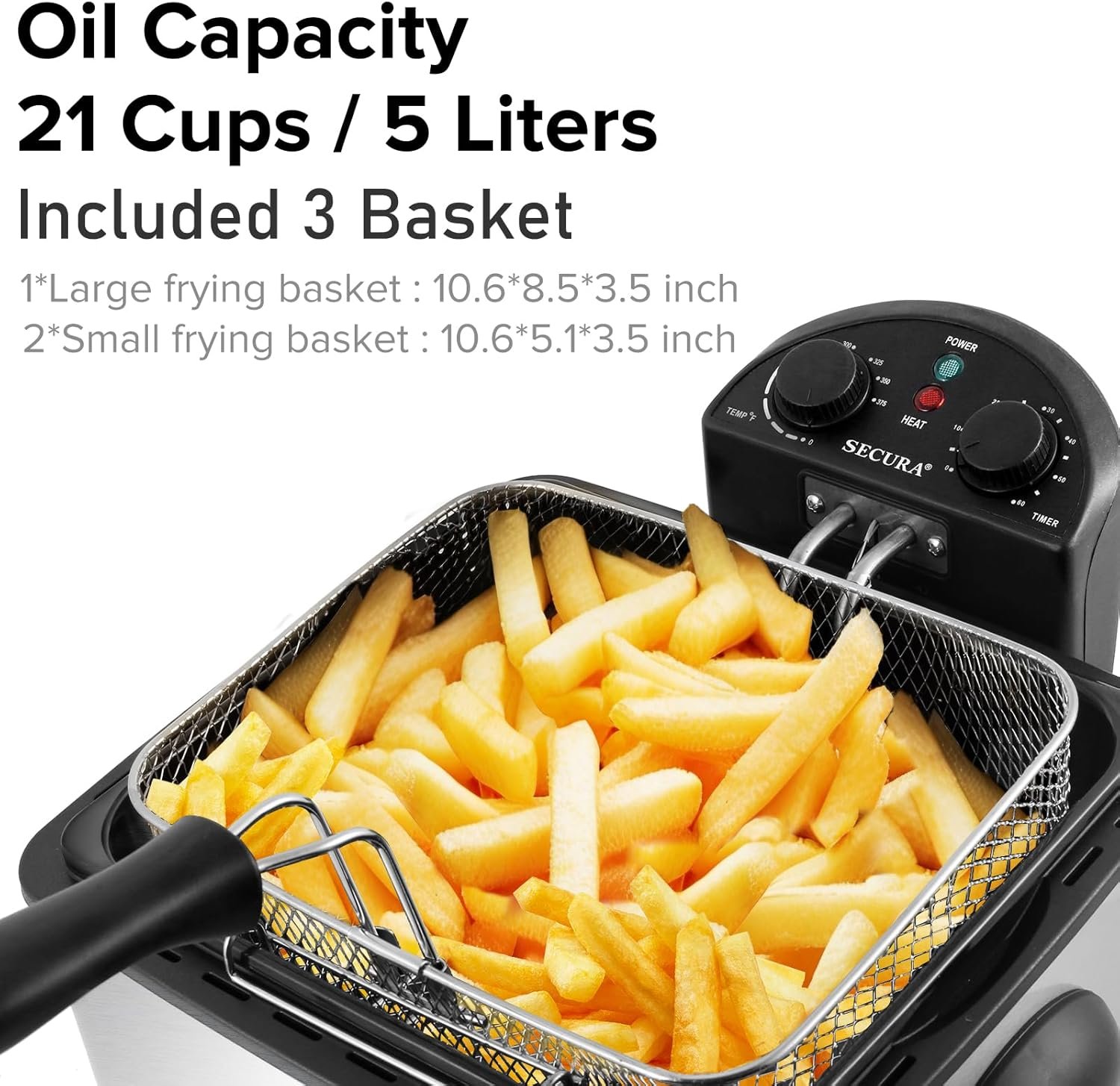 Secura Deep Fryer with 3 Baskets, 21 Cups / 5 Liters Oil Capacity 1700-Watt Stainless-Steel Triple Basket Electric Deep Fryer with Timer Extra Odor Filter, Silver - Image 4