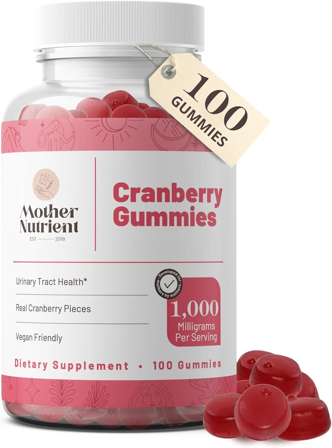 Mother Nutrient Cranberry Gummies Supplement for Women & Kids- Urinary Tract Health- Less Tart & 90% Less Sweet, Gluten-Free, Non-GMO, Vegan - Pure Cranberry Extract 1000mg - 100 Count. - Image 2