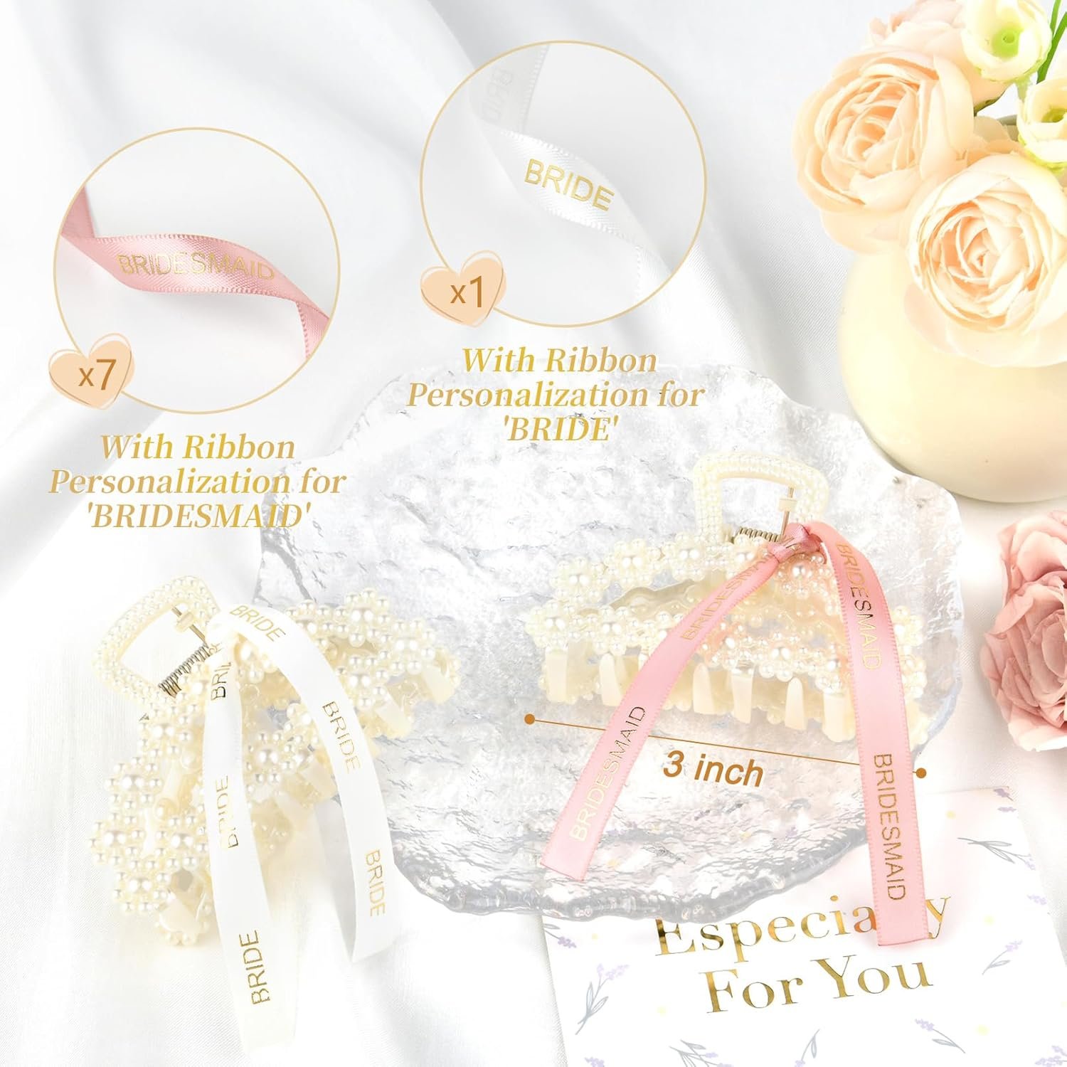 DEEKA Bridesmaid Proposal Gifts 8 Pack Pearl Bridesmaid Hair Claw Clips with Ribbon 3 Inch Hair Clips Bachelorette Party Favors Bridal Party Present Hair Accessories (Half Circle White&Rose Gold) - Image 3