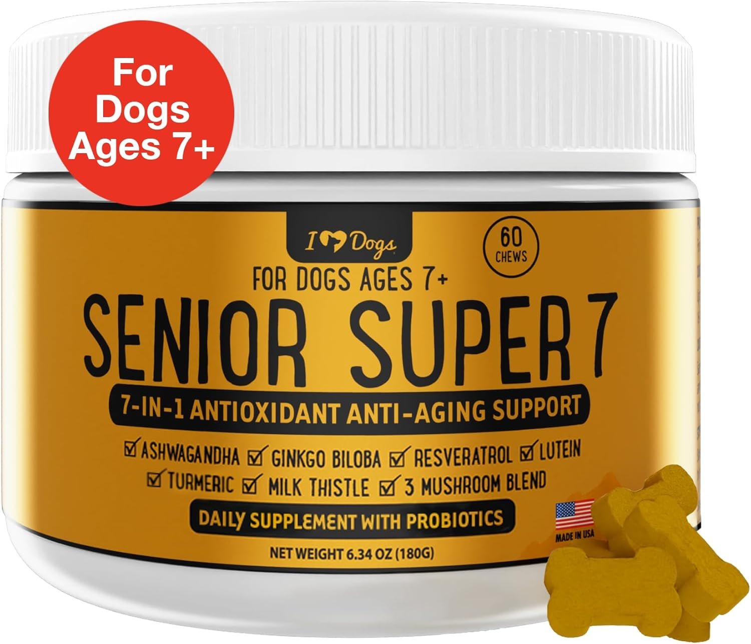 iHeartDogs Senior Super 7 Daily Dog Multivitamin - 7-in-1 Vitamin for Dogs Supports Anti-Aging with Antioxidants, Probiotics, Lion's Mane, Turkey Tail, & Ashwagandha for Longevity & Cognitive Boost - Image 2
