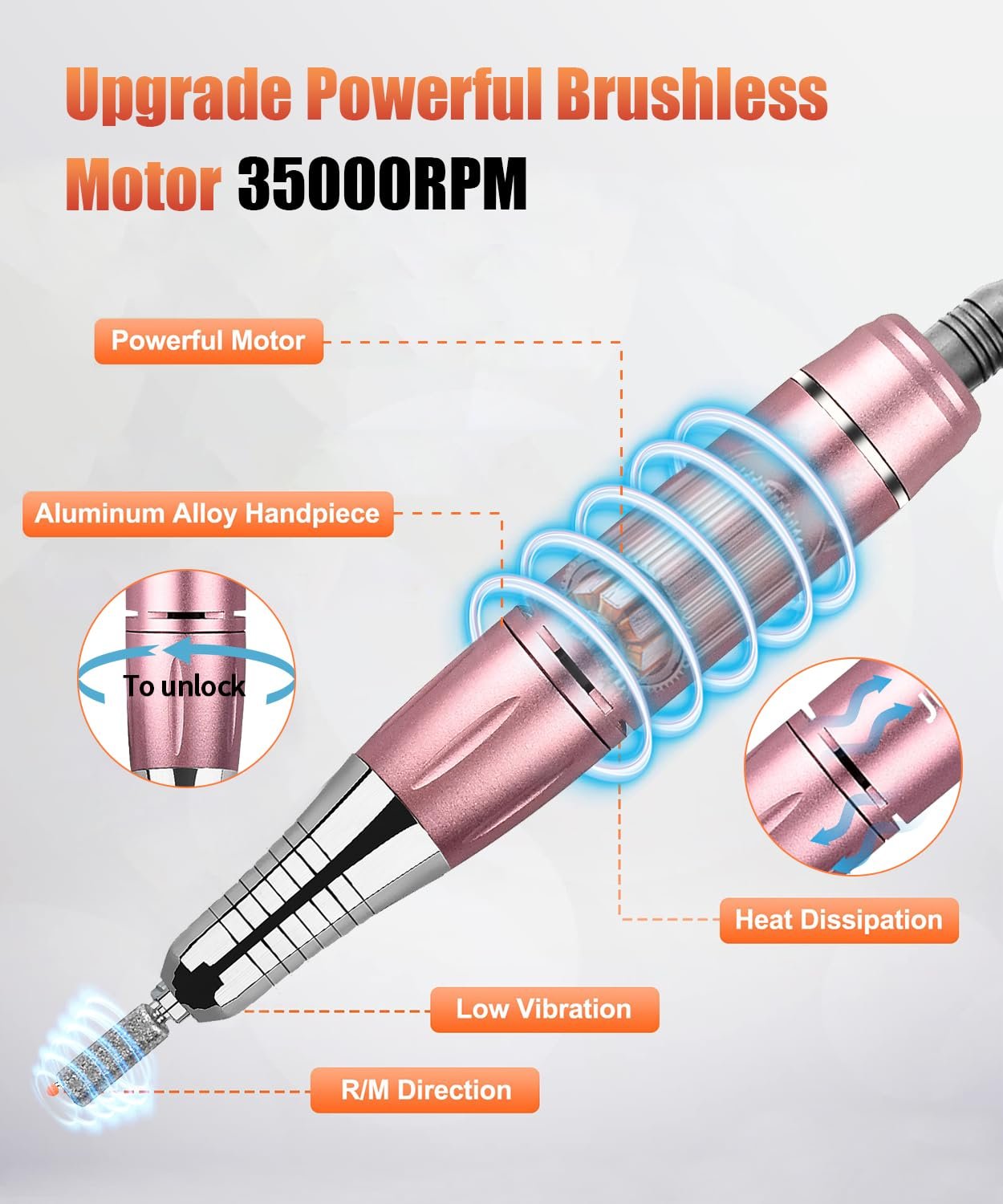 Nail Drills for Acrylic Nails Professional 35000rpm,JUEMEL Electric Nail File Machine 36W,Nail Drill Kits 120pcs for Home and Salon,Rechargeable Efile for Gel Nails,Acrylic,Manicure,Polishing Shape - Image 3