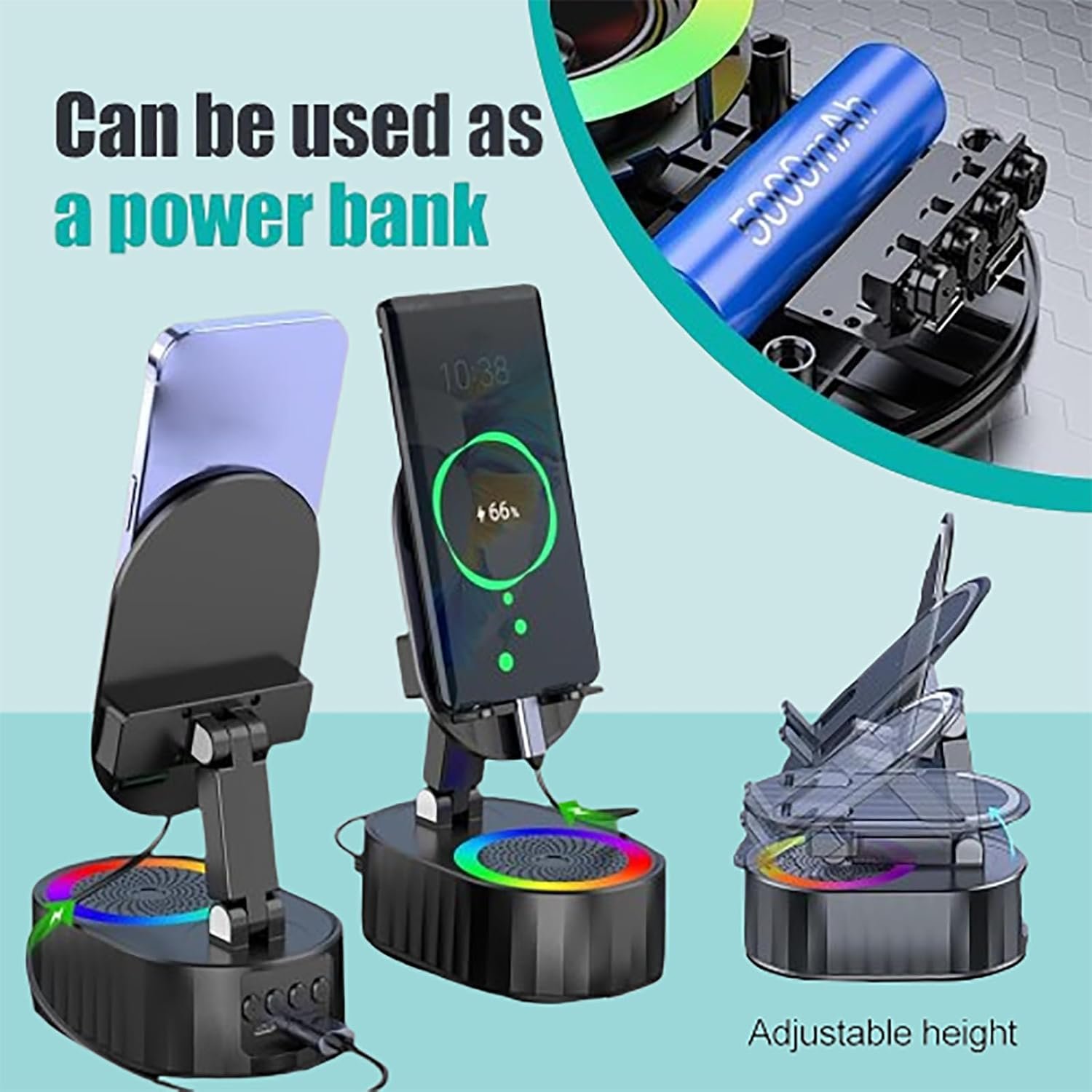 Wireless Induction Audio Bluetooth Speaker, 5-in-1 Bluetooth Audio Power Bank Bracket Induction Bracket Speaker 360°Rotating Folding Lifting Charging Treasure Holder, Gifts for Men Women (Black) - Image 5