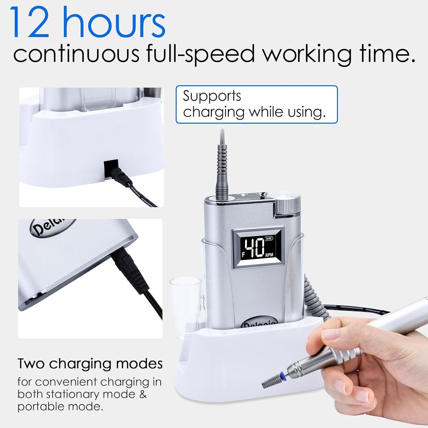 Delanie Professional Electric Nail Drill Machine 40000 RPM Rechargeable Electric Nail File E File Filer, Silver - Image 5