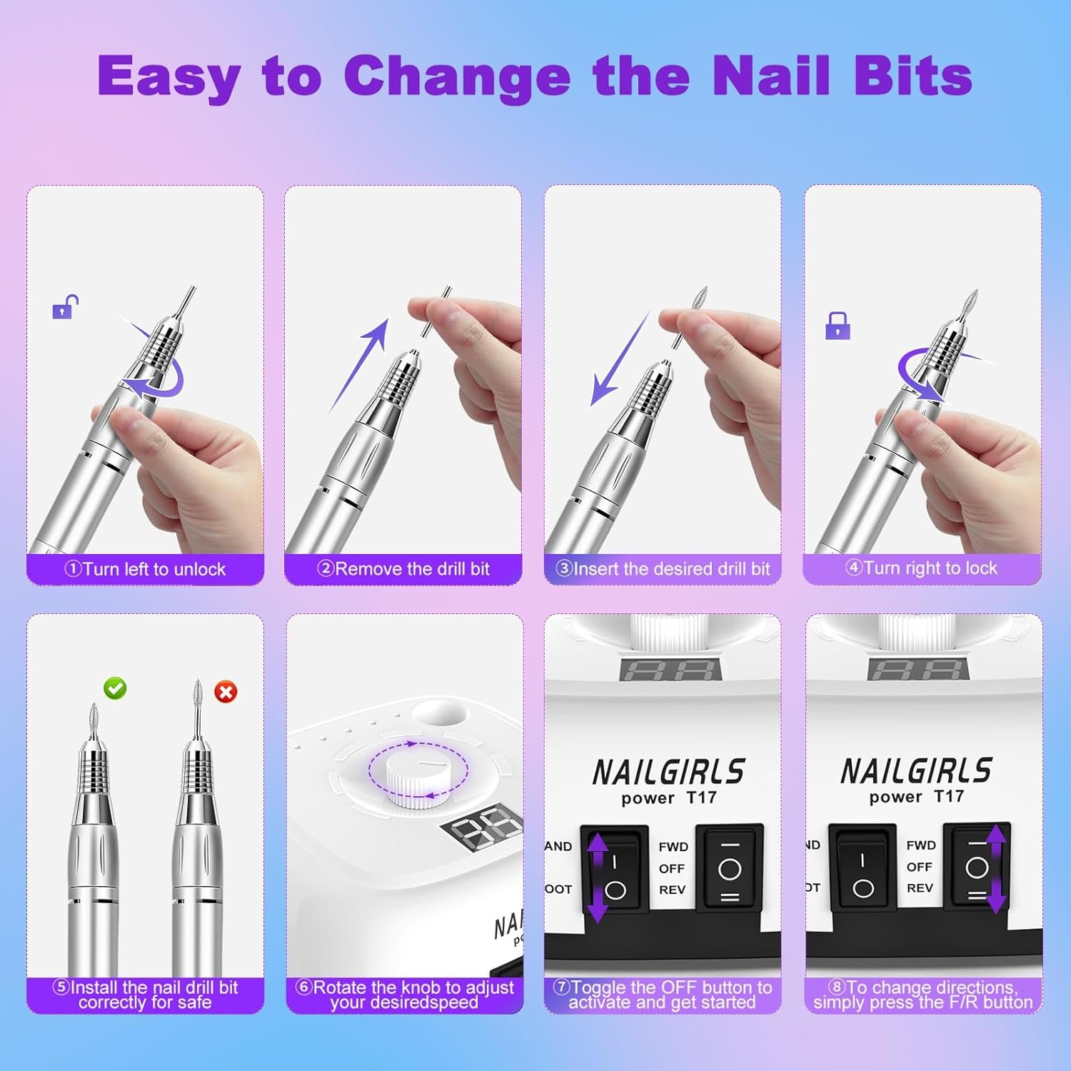 NAILGIRLS Electric Nail Drill Professional 35000RPM, Electric Nail File with Foot Pedal, Nail Drill Machine with LCD Display for Acrylic Gel Nail Manicure, Nail Grinder for Salon Home Use - Image 7