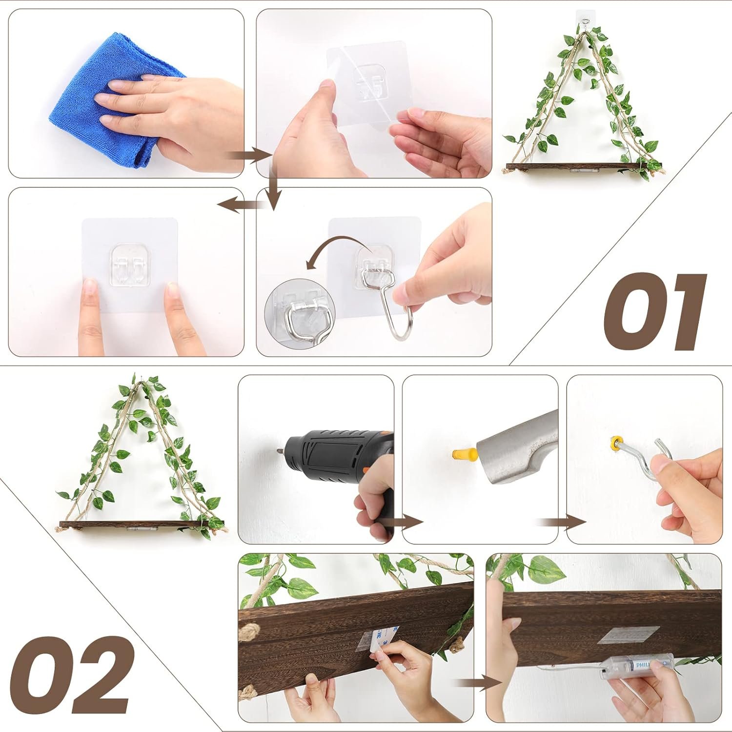 Floating Shelves,Plant Wall Decor,Wall Shelf,No Drill Shelves,Decorative Leaves and Light Strip,Set of 2 Plant Shelf Wall,Christmas Day for Decorating Room(Green Leaf) - Image 7