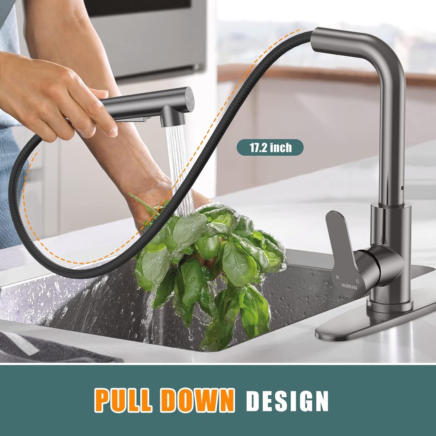 Kitchen Faucets, Brushed Grey Kitchen Faucet with Pull Down Sprayer and Deck Plate, Stainless Steel Commercial Utility Kitchen Faucets for Sink 3 Hole for Bar Rv Camper Laundry Outdoor Farmhouse Sink - Image 3