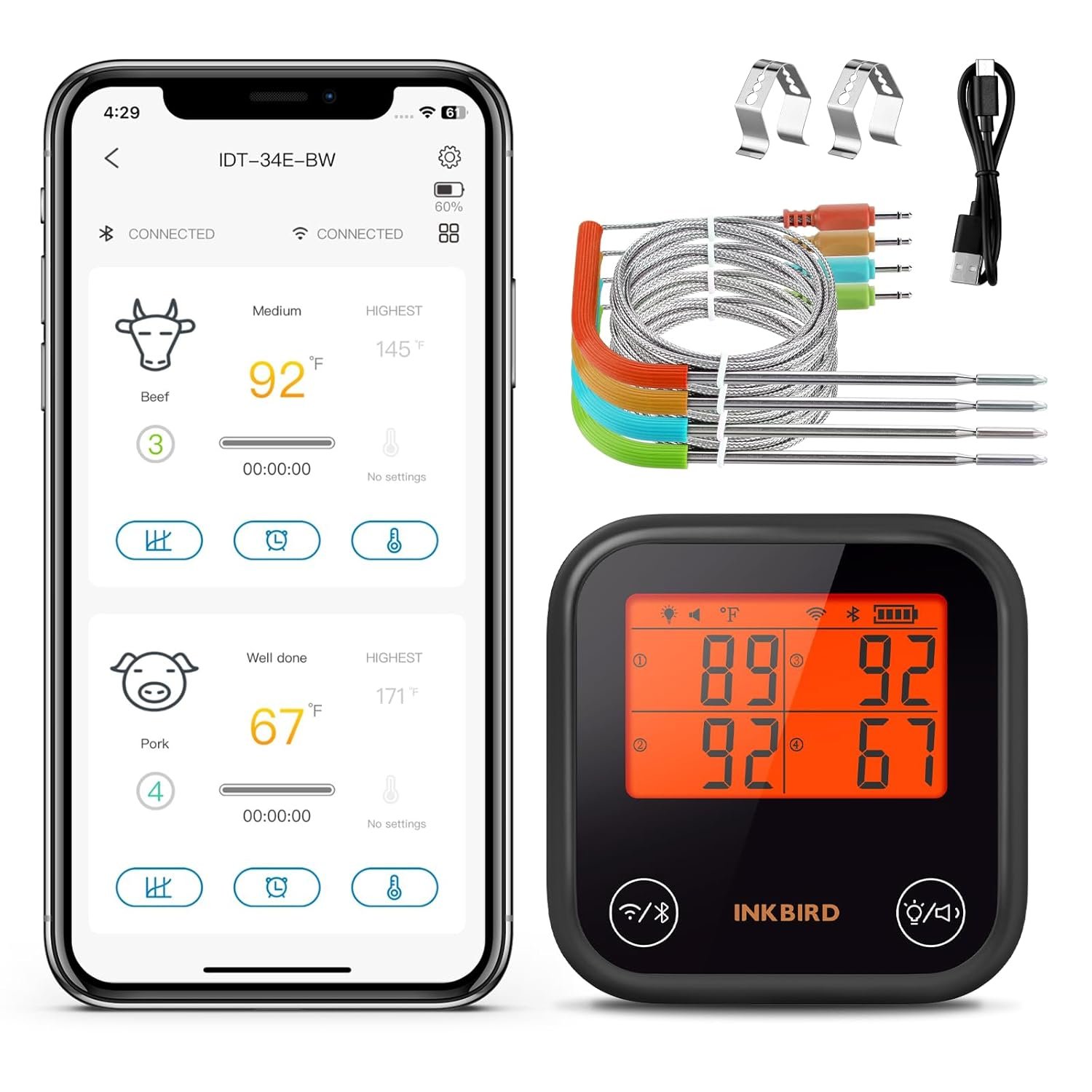 INKBIRD Dual Mode Bluetooth & WiFi Wireless Meat Thermometer, 4 Probes WiFi Meat Thermometer with Clear LCD for Smoking, Bluetooth Meat Thermometer with Smart APP Control for Oven,Cooking - Image 2