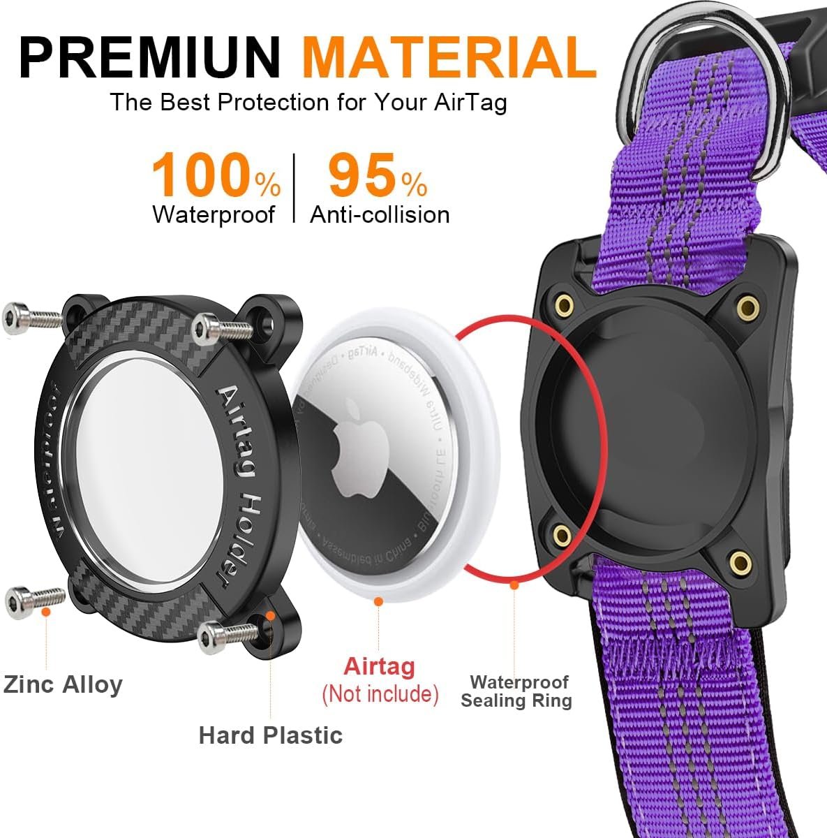 Airtag Dog Collar, Apple Airtag Holder for Reflective Dog Collar, Waterproof Nylon Dog Collar for Apple Air Tag, GPS Tracker Pet Collar for Small Medium Large Dogs, Purple, L - Image 5