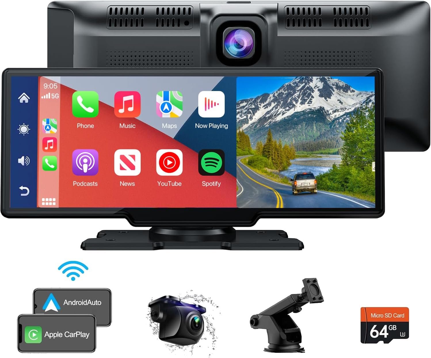 Portable Wireless Apple Carplay Car Stereo with 2.5K Dash Cam,10.26" HD Touch Screen,1080P Backup Camera,Android Auto Car Audio Receivers with Mirror Link/FM/Bluetooth/AUX, GPS Navigation for Vehicles - Image 2