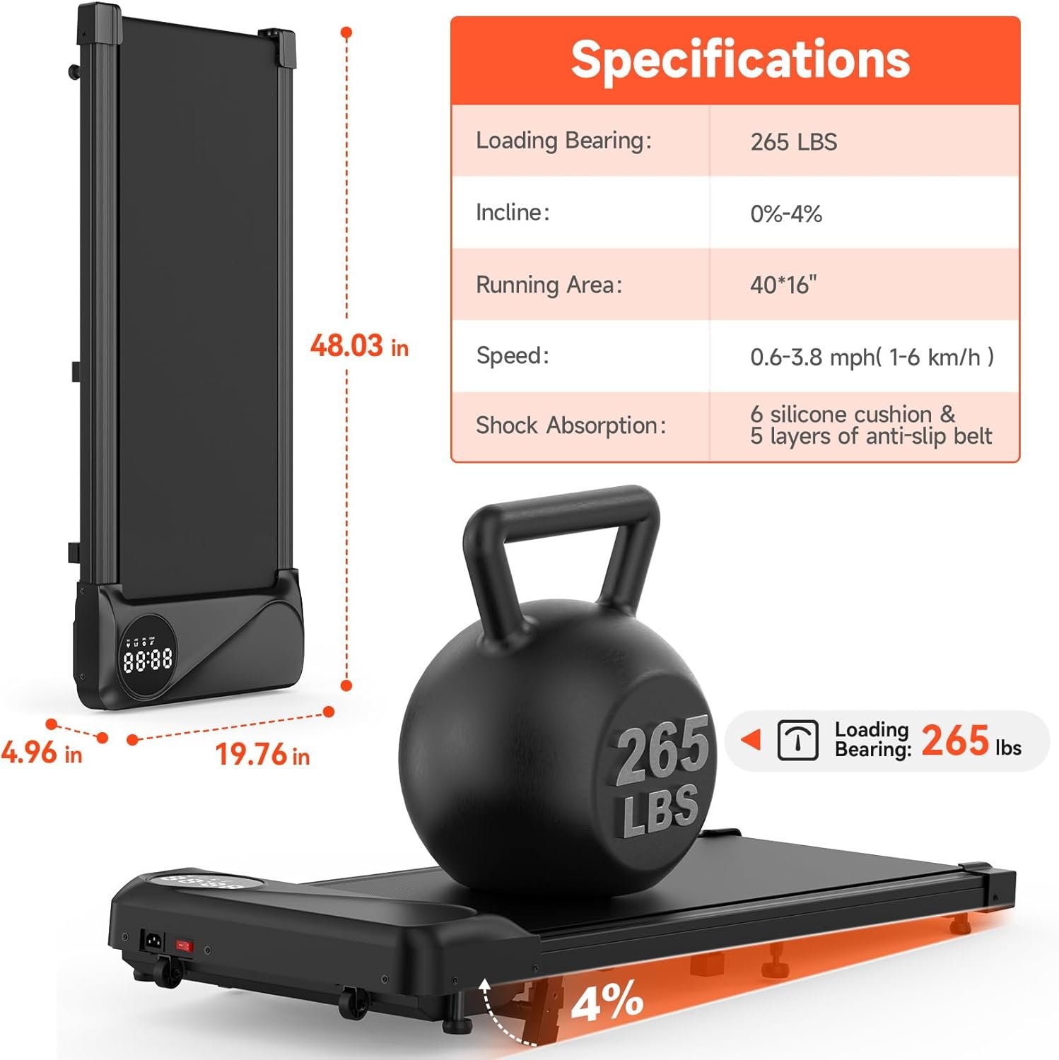 THERUN Walking Pad with Incline, Portable Mini Manual Incline Treadmills for Home/Office, Walking Pad Treadmill 2.5HP, Walking Jogging Machine with 265 lbs Weight Capacity Remote Control LED Display - Image 10