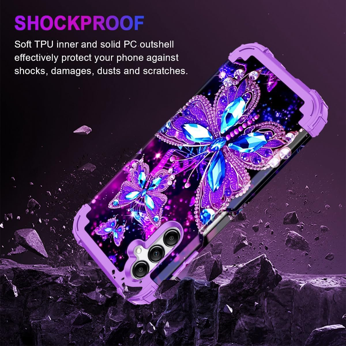 Miqala for Galaxy A14 5G Case,Glow in The Dark Three Layer Heavy Duty Shockproof Full Protection Hard Plastic Bumper+Soft Silicone Protective Case for Samsung Galaxy A14 5G 6.6 inch,Dark Butterfly - Image 5