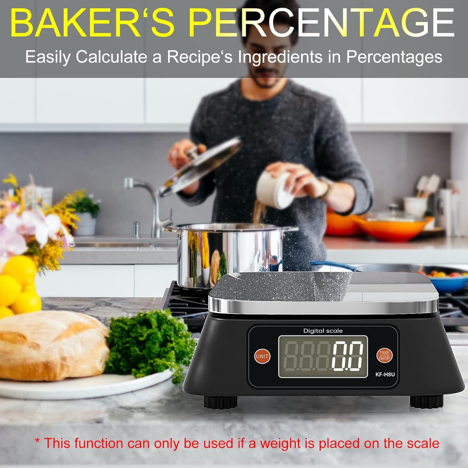 Kitchen Scales Digital Weight Grams and Ounces, YONCON KF-H8U Food Scale for Bakers, Candle and Soap Making, Baking Scale with Stainless Steel Large Platform, 22lb, 3*AA Batteries and AC Power Adapter - Image 4