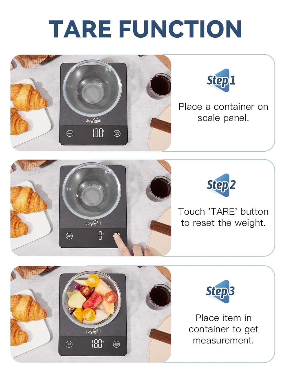 JOYHILL Food Scale, 22lb Digital Kitchen Scale Food Ounces and Grams for Weight Loss, Baking and Cooking, Premium Stainless Steel with LED Display, Batteries Included, Black - Image 6