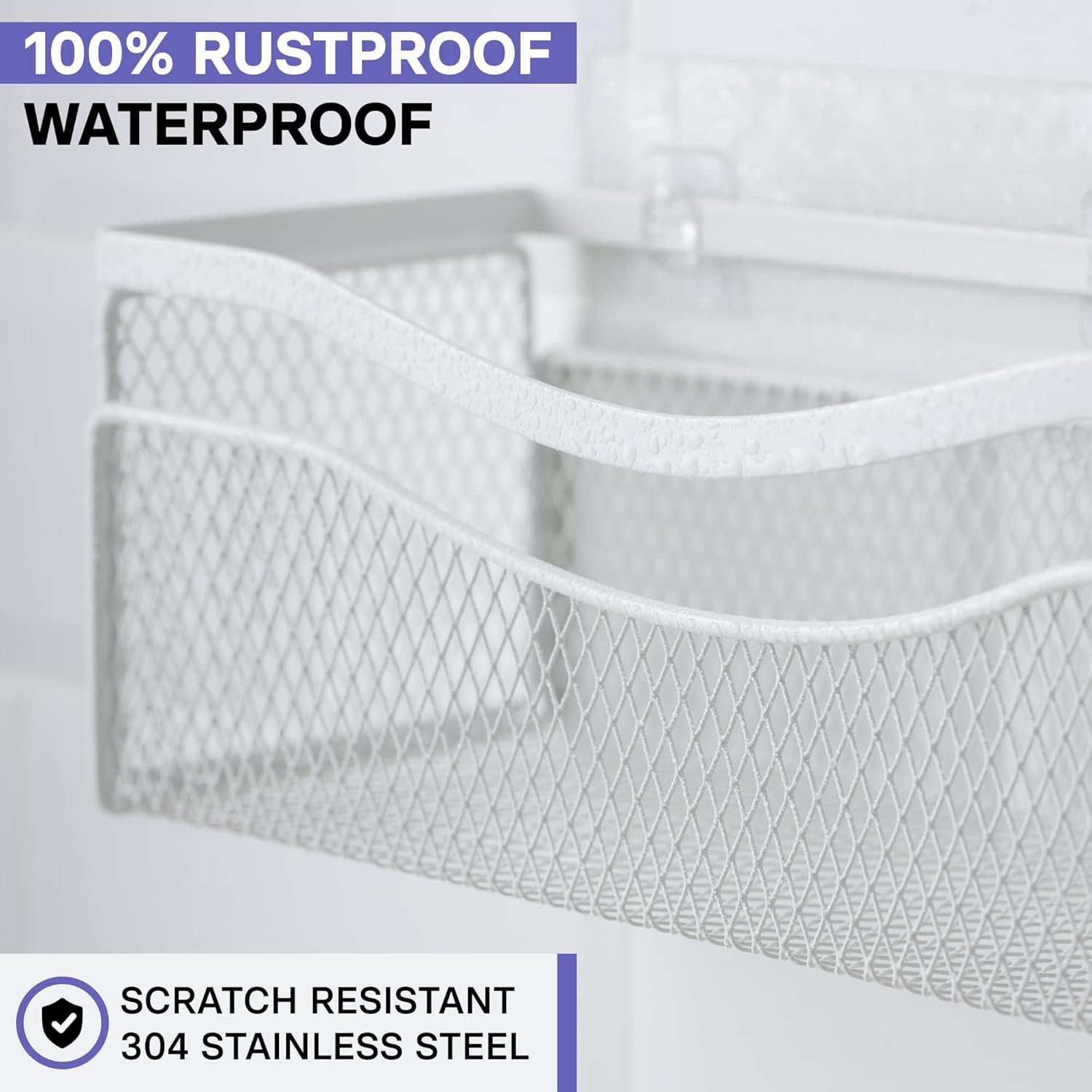 KINCMAX Mesh Shower Caddy (2-Pack), Rustproof Stainless Steel, Adhesive Wall Mount Baskets with Hooks, Mesh Design (Matta White) - Image 4