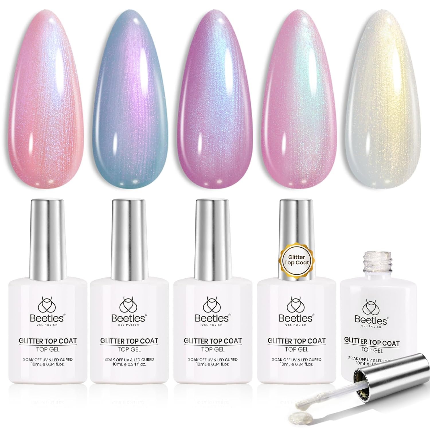 Beetles Pearl Glitter Top Coat Set, 5 Colors Iridescent Pastel Shimmer Mermaid Glossy Top Coat Gel Polish Shiny Long-Lasting No Wipe Soak Off UV LED Top Coat Nail Art Valentine's Day Gifts for Women - Image 2