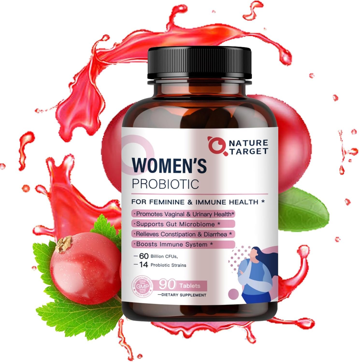 NATURE TARGET Probiotics-for-Women, Probiotics and Prebiotics, Cranberry and D-Mannose, 60-Billion-CFUs, Organic Probiotics for Digestive Health/Gut Health/Immune Booster, Women's Probiotics - Image 9