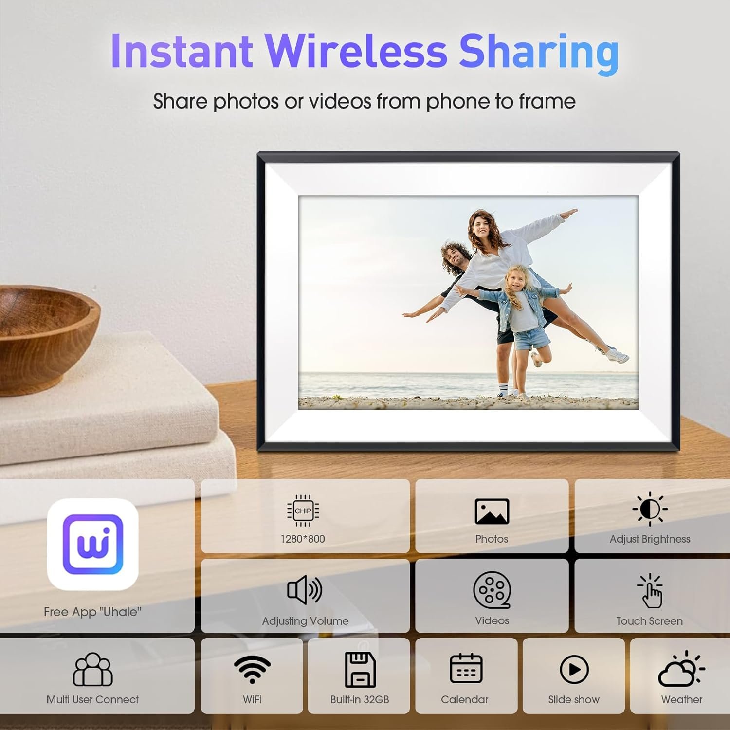 10.1" WiFi Digital Picture Frame, Digital Photo Frame with 1280x800 HD IPS Touch Screen, 32GB Memory,Auto-Rotate, Wall Mounted, Easy Setup,Send Photos/Videos from Phone via Uhale App, White - Image 5