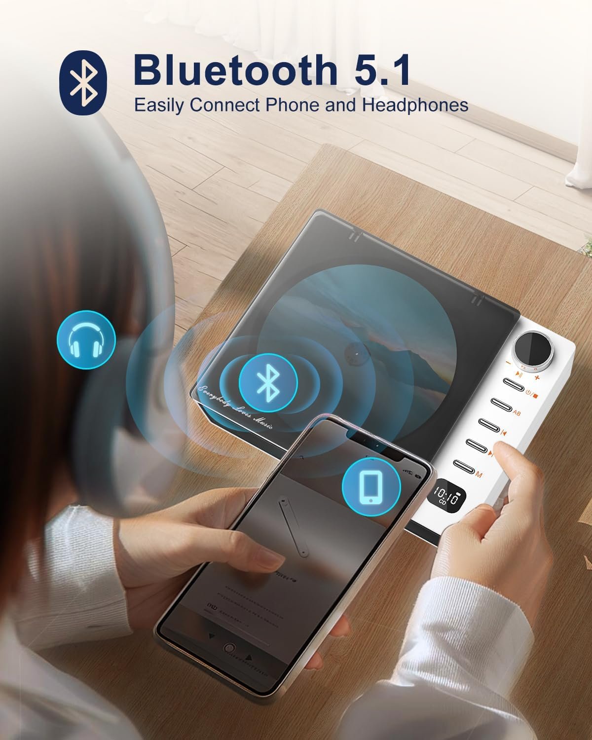 CD Player Portable, Leapwell Portable CD Player with Speakers Bluetooth Rechargeable, Small Compact Retro CD Players for Home, Personal Desktop CD Player with USB White - Image 4