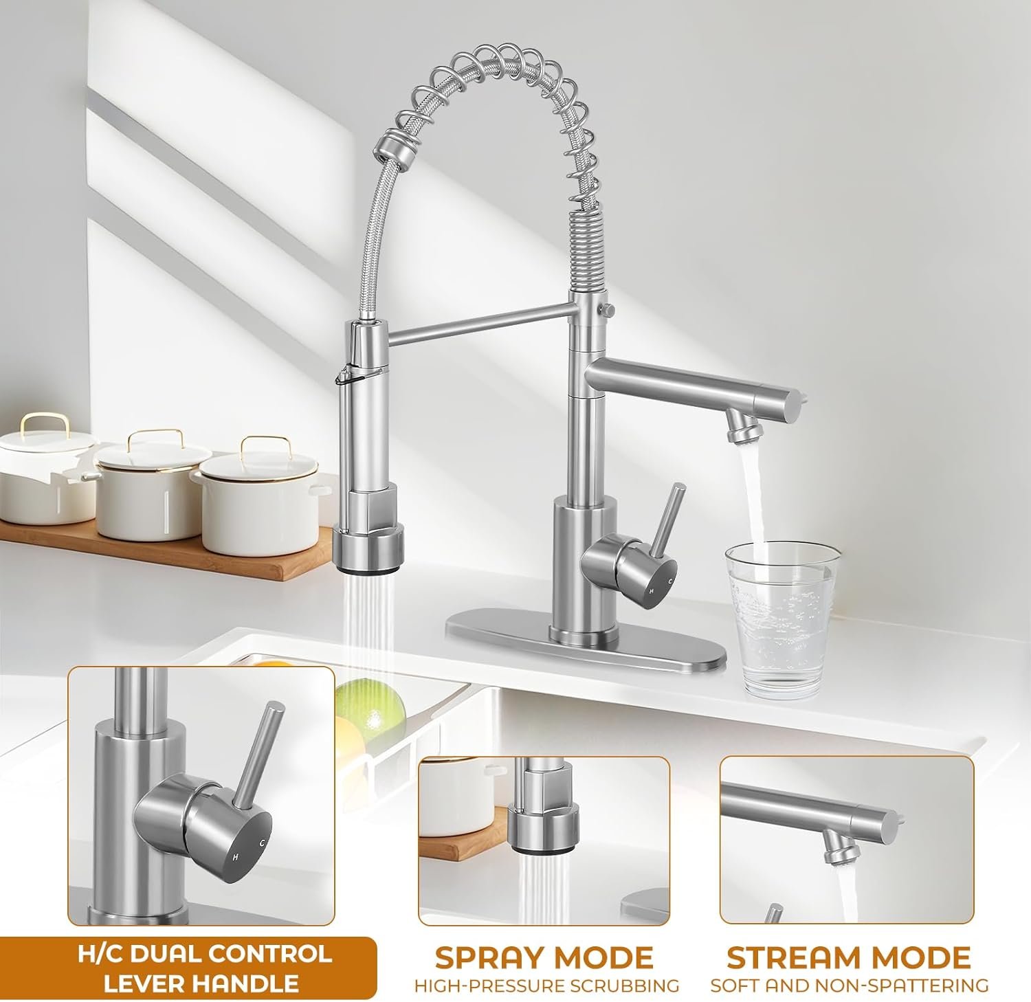 AKL Commercial Dual Spout Kitchen Faucet, Single Handle Spring Kitchen Faucets with Pull Down Sprayer, Stainless Steel Kitchen Sink Faucet with Deck Plate, Brushed Nickel - Image 3